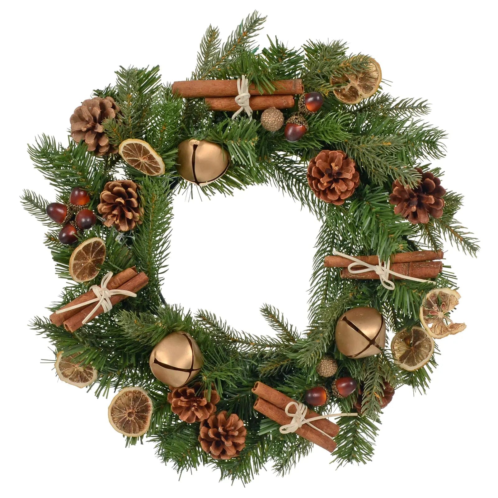 Woodland Christmas Wreath Gold Bells Acorns Orange Cinnamon 40cm