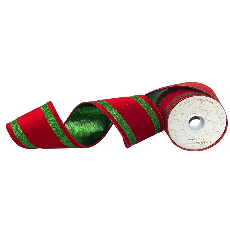 2.5" x 10YD Red Velvet Ribbon with Green Glitter Stripe on Edge | IR